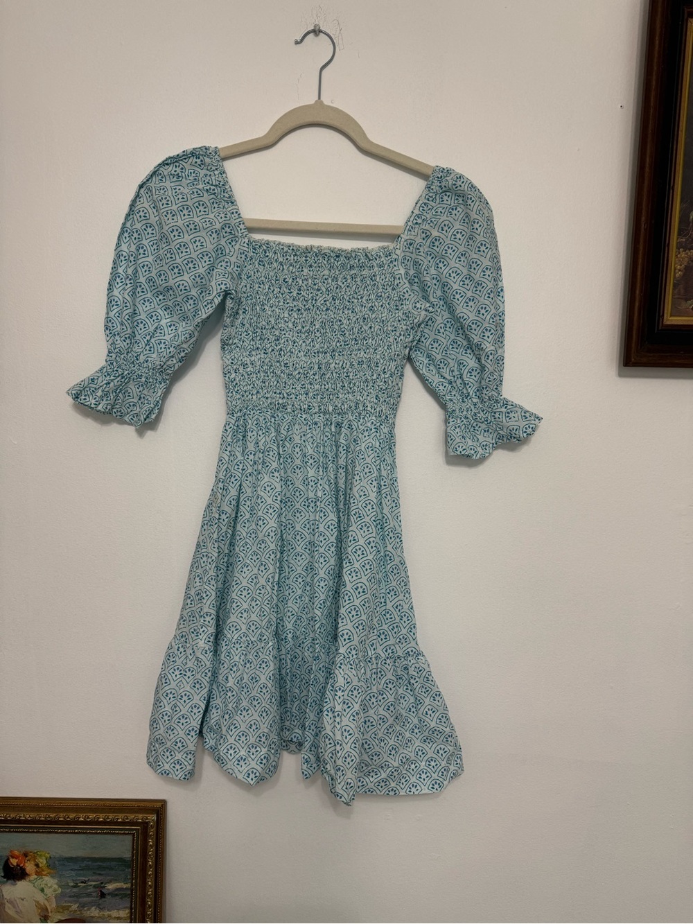 Light Blue Smocked Mini Dress with Puff Sleeves
